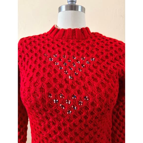 Vintage Red Waffle Knit Sweater Crochet Lace Textured Puff Sleeve Top - Picture 3 of 8